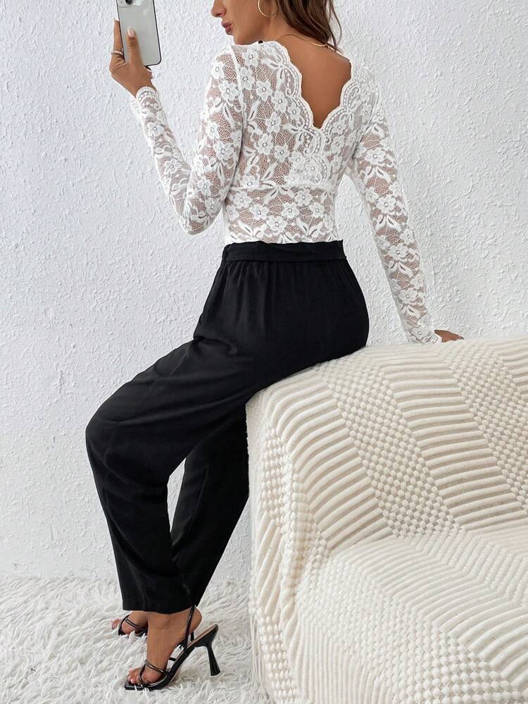 Women's Long Sleeve Lace Top And Tapered Pants Set Winter Elegant