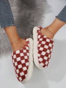 女式時尚室內外防滑毛絨拖鞋 - 酒紅色 - 查看 3