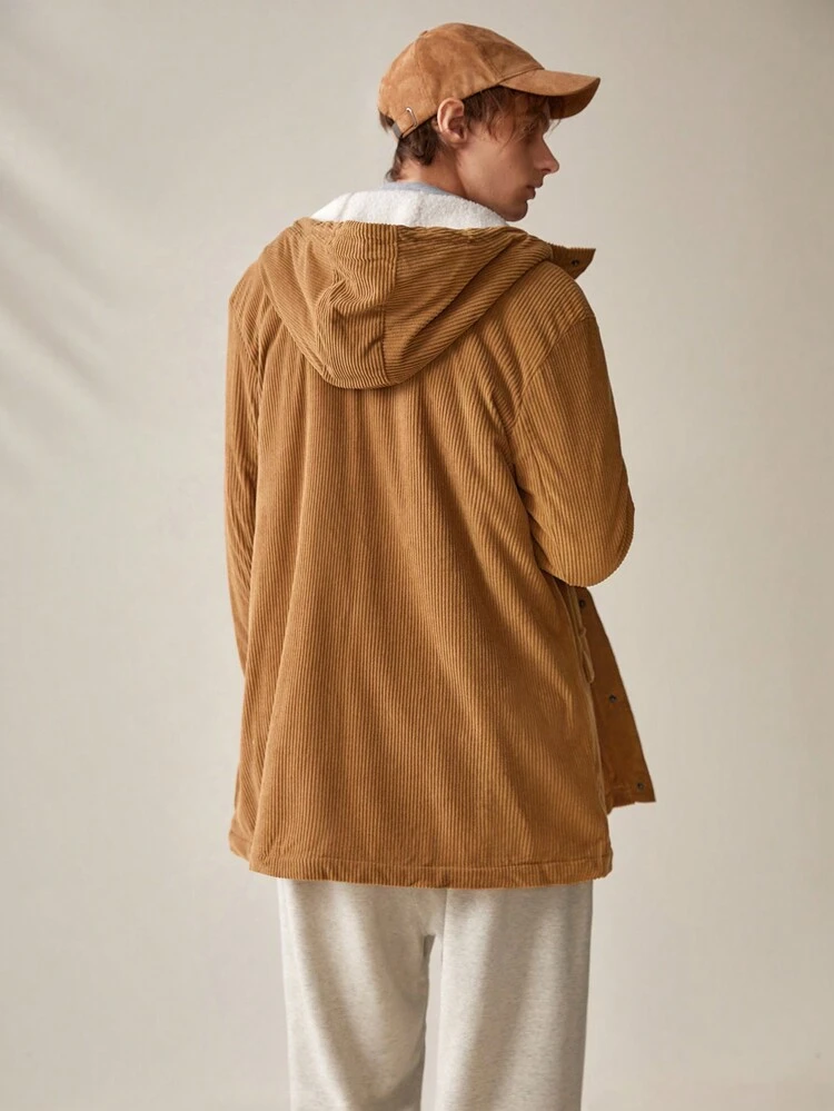 Men's Oversized Drawstring Hooded Thermal Lined Jacket, For Fall Winter
