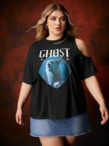 Game of Thrones X SHEIN Plus Wolf Pattern Cut Out T-Shirt - Black - View 5