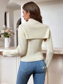 SHEIN Clasi Women's Plain Fashionable Ribbed Knitted Sweater Two-Piece Set - Beige - View 2