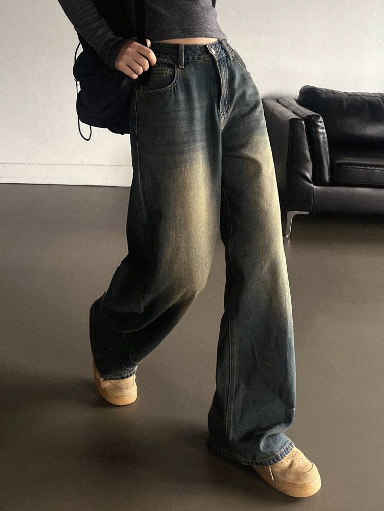 Women's Regular Waist Washed Loose Straight Leg Casual Jeans