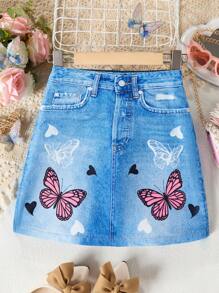 SHEIN Tween Girl's Butterfly Printed Denim Skirt, Summer Casual Style - Blue - View 1