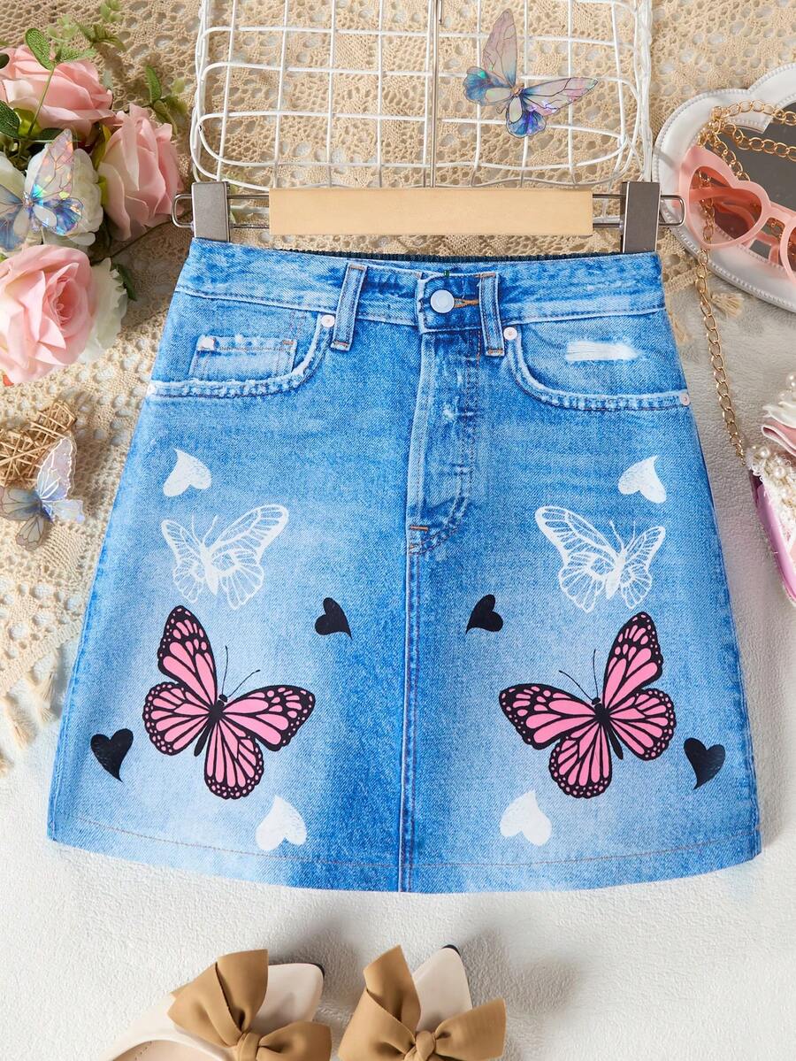 SHEIN Tween Girl's Butterfly Printed Denim Skirt, Summer Casual Style - Blue - View 1