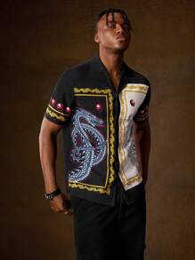 HOUSE OF THE DRAGON X SHEIN Camisa Impresa Para Hombre Con Patrón De Dragón Y Bloqueo De Color