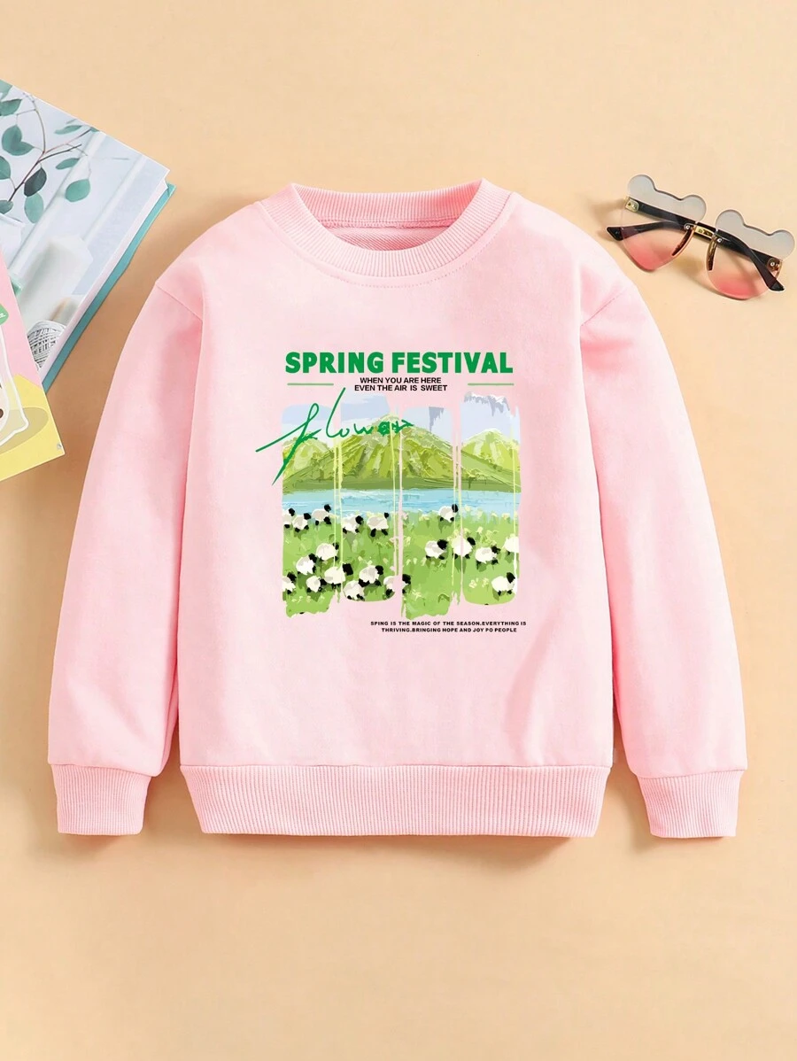 小女孩花紋字母印花圓領套頭衫 - 粉色 - 查看 1