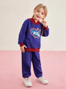 HELLO KITTY AND FRIENDS | SHEIN 年輕女孩色塊休閒套裝,卡通和字母印花 - 藍色 - 查看 3