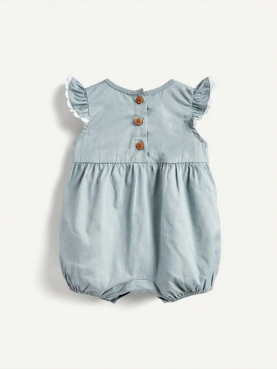 Baby Girl Floral Pattern Romper With Ruffled Hemline And Floral Edges