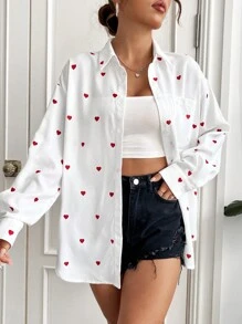 SHEIN EZwear White Woven Love Drop Shoulder Valentines Shirt