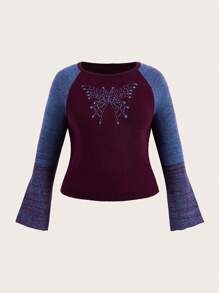ROMWE PUNK Plus Size Women'S Butterfly Pattern Raglan Sleeve Sweater Pullover