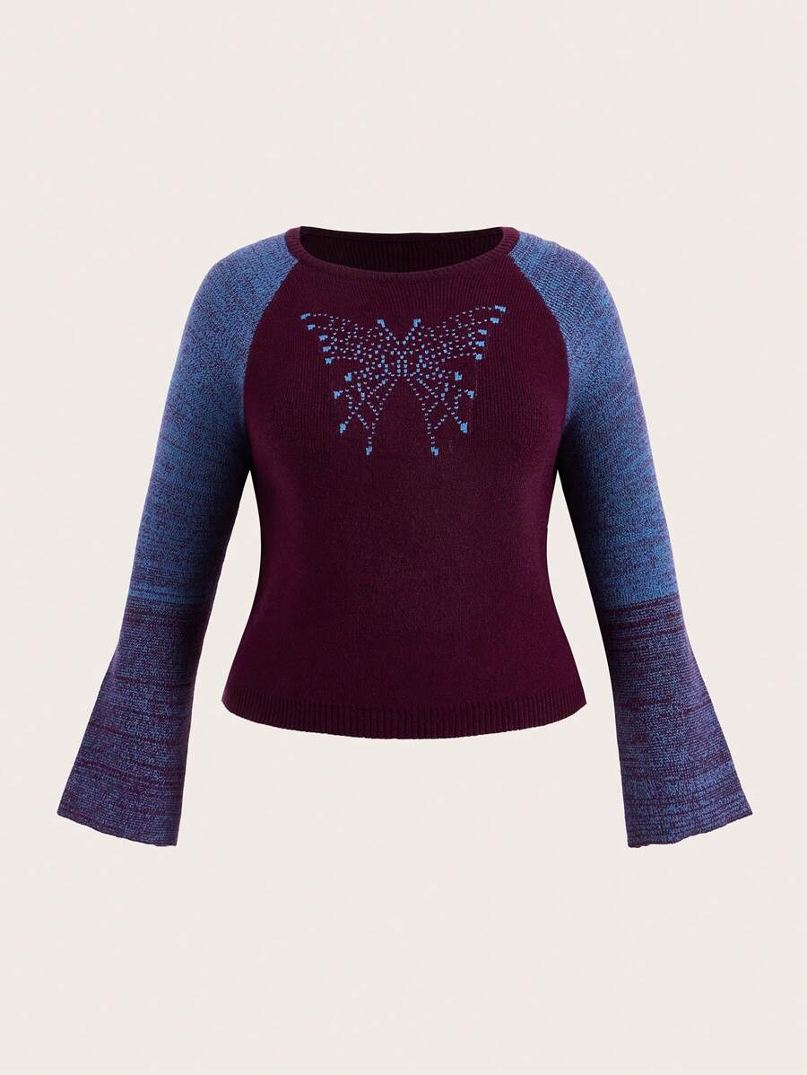 ROMWE PUNK Plus Size Women'S Butterfly Pattern Raglan Sleeve Sweater Pullover