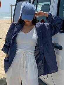 DAZY Women'S Long Sleeve Button Up Shirt Linen Preppy Tops Fall - Blue - View 5