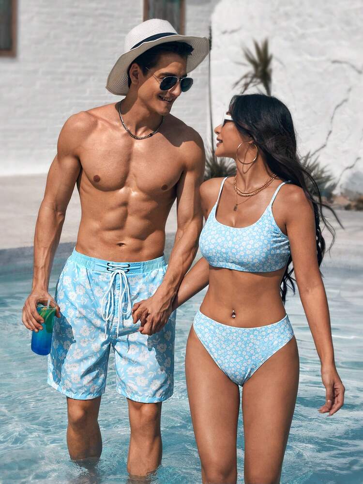 Men's Floral Print Drawstring Waist Beach Shorts