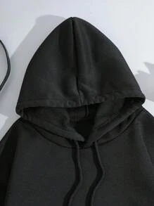 SHEIN EZwear 女士尺寸連帽衛衣與長褲兩件套裝,印有字母圖案 - 黑色 - 查看 7