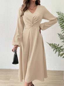 Chiquease Deep V-Neck Waist Twist Lantern Sleeve Dress - Apricot - View 4