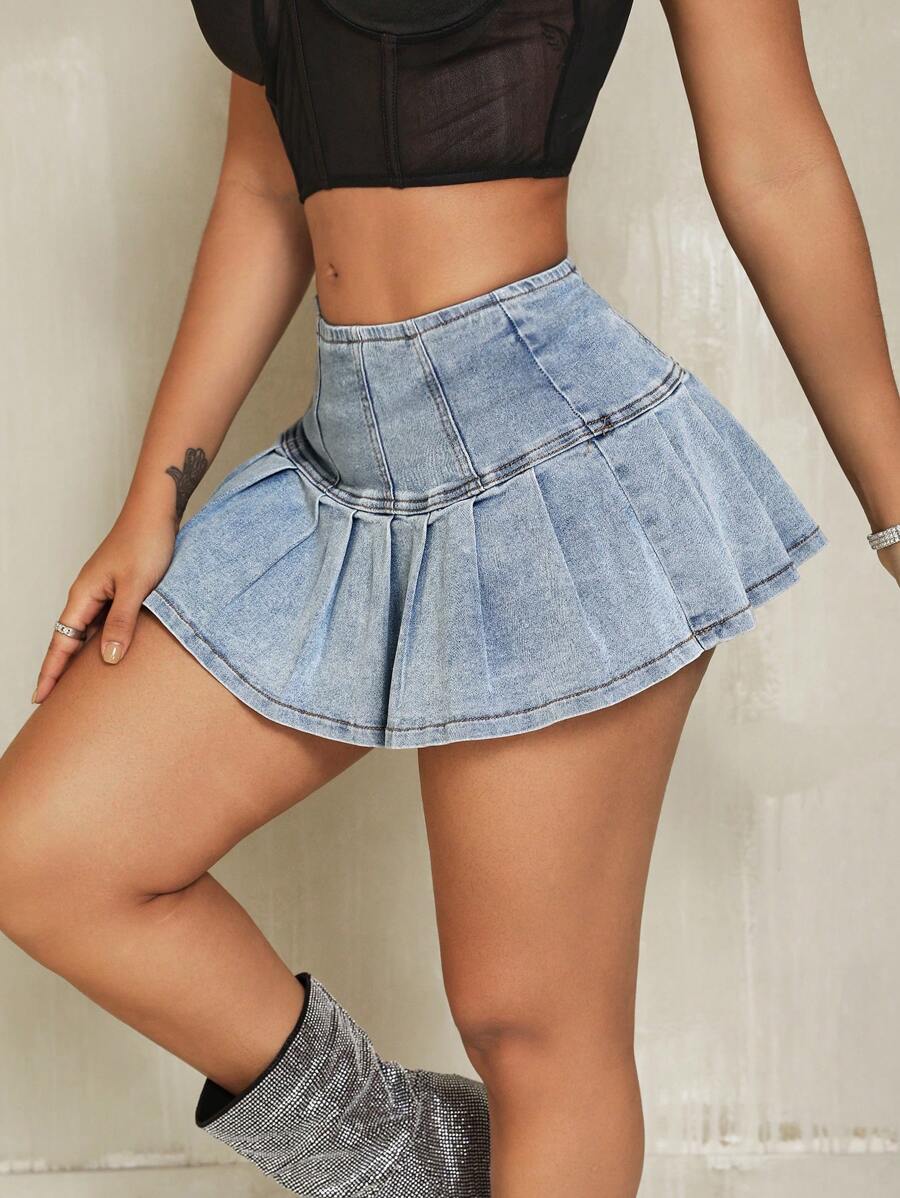 SHEIN SXY 百褶邊牛仔裙 - 淺灰色 - 查看 1