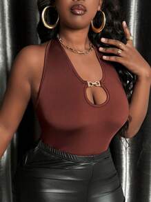 Slaydiva 加大尺碼露背無袖緊身連體褲,仙人掌頸空心後背 - 棕色 - 查看 2