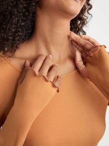 Leisure Comfortable Rayon Solid Lettuce Thumb Hole Crop Top & Flare Leg Pants Women Lounge Set-Orange - Khaki - View 4