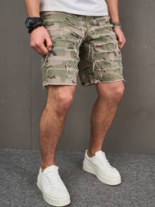 Manfinity EMRG Men'S Camouflage Printed Frayed Hem Patchwork Denim Shorts - Multicolor - View 3