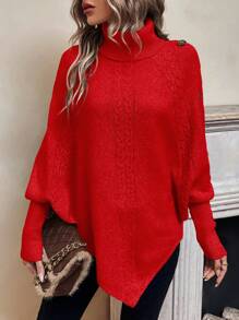 SHEIN Essnce 女款連結裝飾高領蝙蝠袖休閒毛衣 - 紅色 - 查看 5