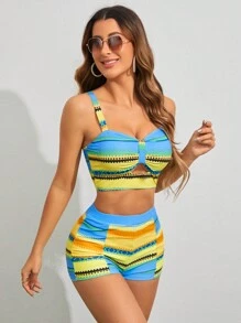 SHEIN Swim 女款拼色緊身吊帶比基尼上衣 Carnival - 彩色 - 查看 3