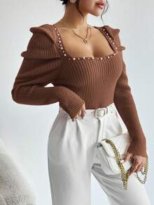 SHEIN Privé 女式珍珠裝飾泡泡袖方領毛衣 - 棕色 - 查看 5