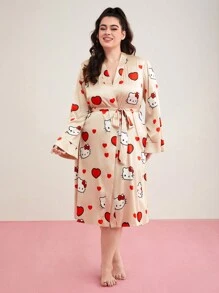 HELLO KITTY AND FRIENDS | SHEIN روب بأحجام كبيرة بتصميم كرتوني يحمل طبعة قلوب - كاكي - مشاهدة 8