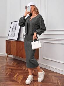 SHEIN Essnce Women's Ribbed Button Cardigan And Cami Dress Set - Dark Grey - View 1