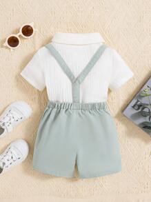 SHEIN 男宝宝绅士彼得潘领双排扣前开衬衫带吊带和短裤 2 件套套装 - 薄荷綠 - 查看 2