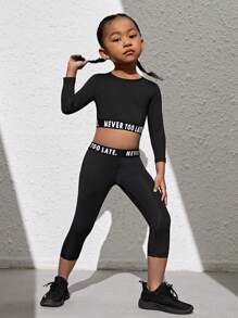 SHEIN 2 件套年轻女孩字母图案短款上衣长袖衬衫和紧身裤运动套装 - 黑色 - 查看 5