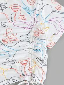Flirla Plus Size Allover Print Drawstring Ruched T-Shirt For Summer - White - View 4