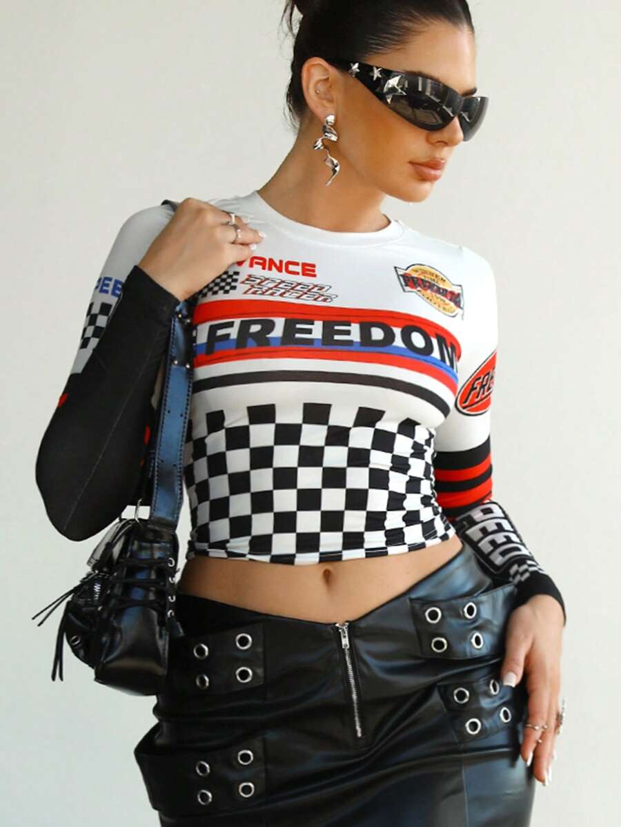 SHEIN ICON Của phụ nữ Thon gọn Tay áo dài Áo thun Với Tương phản In thư - Nhiều màu - Xem 1