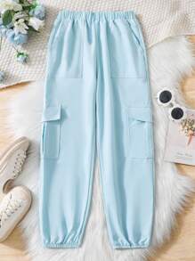 SHEIN Tween Girl Casual Street Style Blue Cargo Pants With Pockets And Elastic Cuffs, Versatile And Simple - Baby Blue - View 1