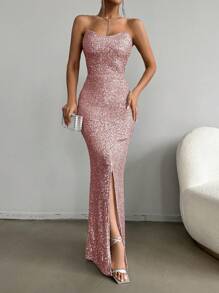 EURMUSE Women's Glitter Strapless Slit Mermaid Hem Dress - Pink - View 3