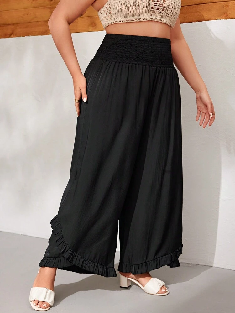 Plus Size Women's Shirred Waisted Wide Leg Pants Fall Cloth For Women