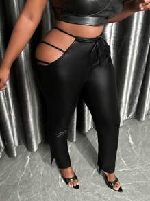 Slaydiva 大尺碼女性帶開叉裁剪的pu皮褲子,下擺分裂設計 - 黑色 - 查看 2