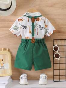 SHEIN 2 Bộ áo ngắn tay in hình động vật cho bé trai + Bộ quần short thường ngày, thanh lịch cho tiệc sinh nhật, đám cưới, lễ đặt tên, sinh nhật 1 tuổi - màu xanh lá - Xem 2