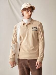 Manfinity VCAY 男士長袖拼接字母圖案撞色polo衫 - 卡其色 - 查看 4