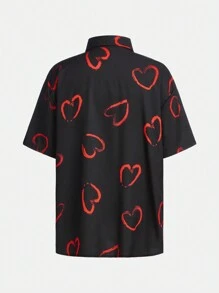 SHEIN Teen Boys' Heart Print Short Sleeve Shirt With Solid Color Necktie - Multicolor - View 2