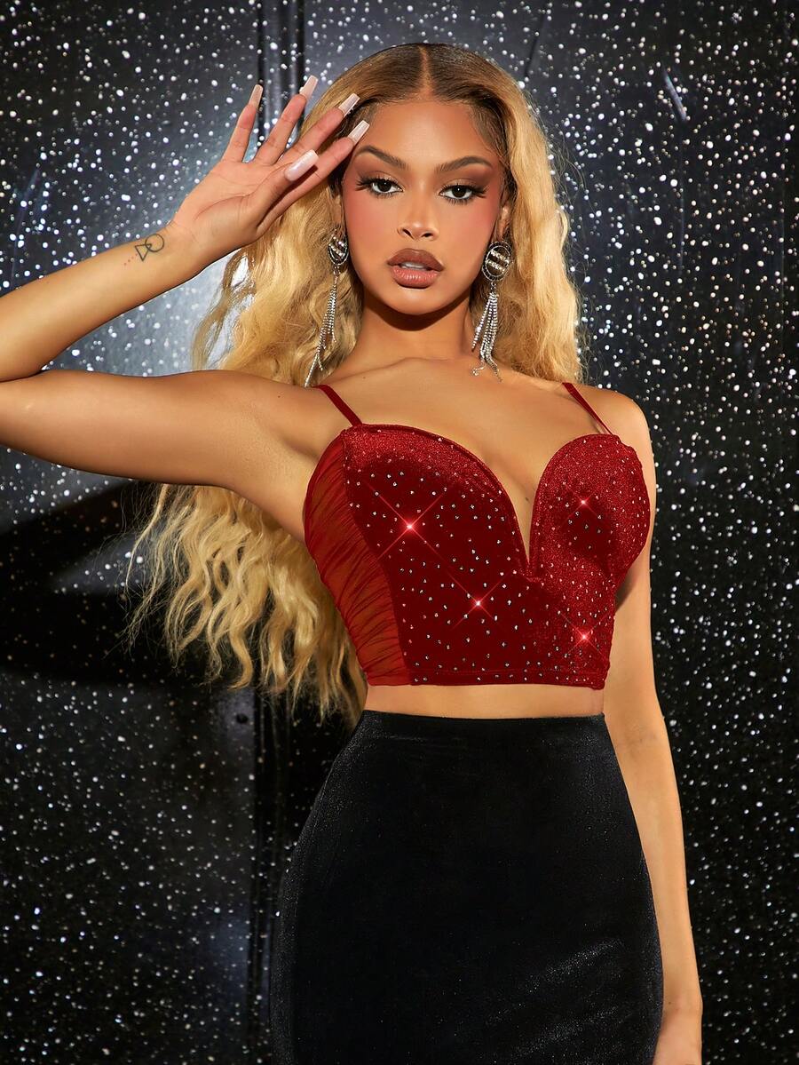 SHEIN SXY Của phụ nữ Nhung & Pha lê Trang trí Lưới Áo ba lỗ Áo - Đỏ - Xem 1