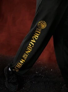 Game of Thrones X SHEIN Men Monster Letter Print Hoodie And Sweatpants Set