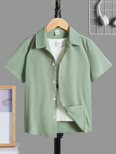 SHEIN 青少年男孩舒適純色短袖鈕扣襯衫,休閒款式