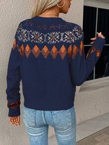 SHEIN Essnce 女士幾何圖案鈕扣前半開襟套領毛衣 - 寶藍色 - 查看 2