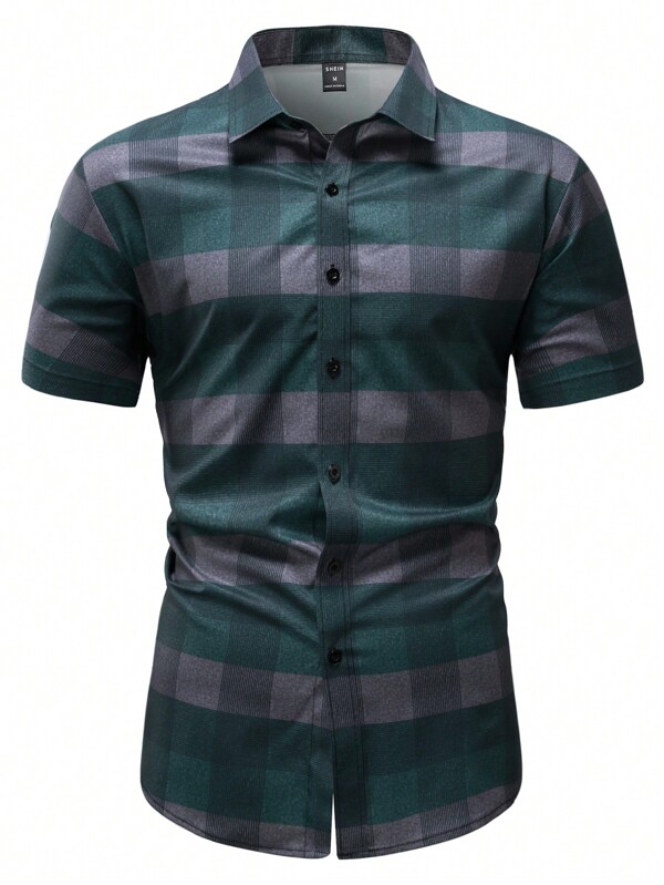 Manfinity Homme Men's Plaid Short Sleeve Shirt , Slim Fit Button Up Casual Shirt, Men Green Check Shirt, Men's Short Sleeve Green Shirt, Men's Green And Grey Shirt