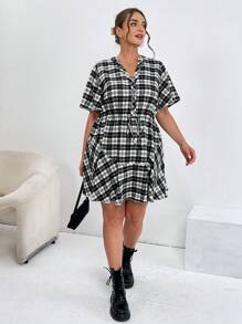 SHEIN Essnce Women's Summer Plus Size Loose Fit Plaid Shirt Dress With Drawstring Waist And Notch Neckline