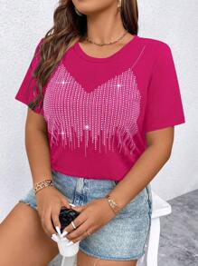Calvaya Camiseta De Manga Corta Con Estampado De Cuerpo Para Mujeres De Talla Grande - Rosa Fucsia - Ver 3