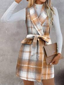 SHEIN Essnce 格子披肩領帶繫帶束腰連身裙 - 卡其色 - 查看 1