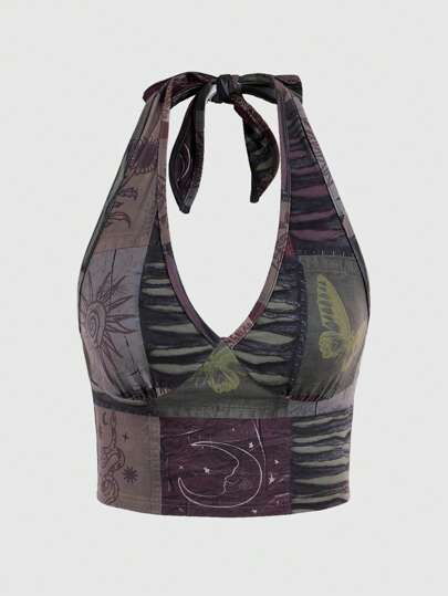 Goth Patchwork Printed Sexy Tight Halter Top For Women