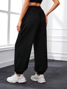 SHEIN Sports 女士純色束口褲,帶有彈性袖口 - 黑色 - 查看 3