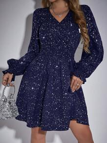 SHEIN Privé V領收腰休閒長袖連身裙 - 藏蓝色 - 查看 4